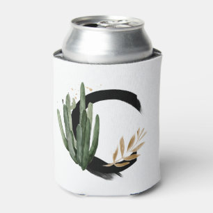 Tropical Leaves Faux Gold Foil Letter C Monogram Can Cooler
