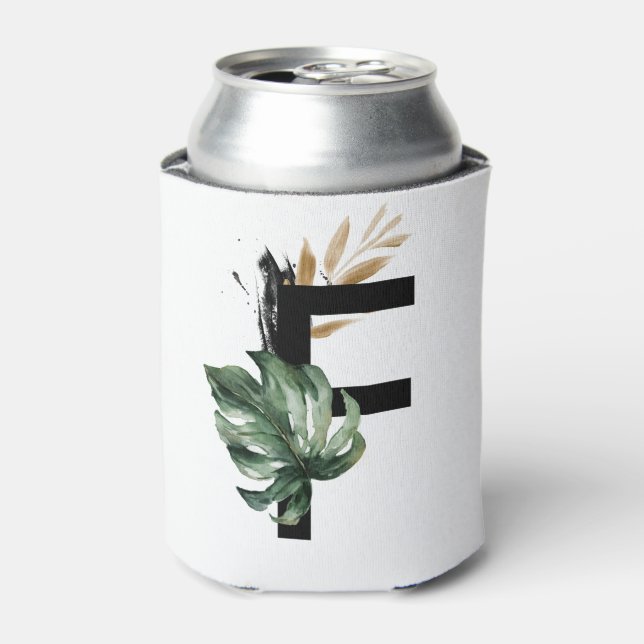 Tropical Leaves Faux Gold Foil Letter F Monogram Can Cooler (Can Front)