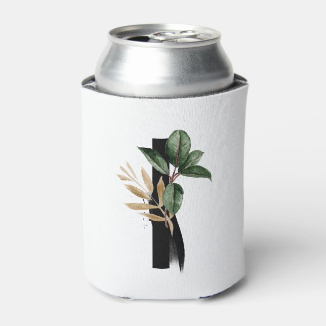 Tropical Leaves Faux Gold Foil Letter I Monogram Can Cooler (Can Front)