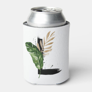 Tropical Leaves Faux Gold Foil Letter L Monogram Can Cooler