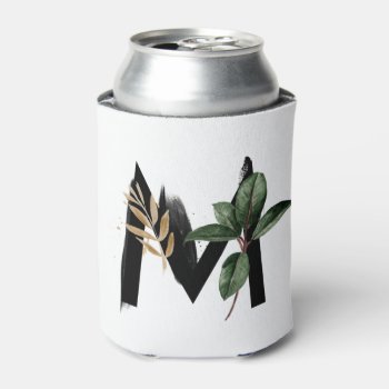 Tropical Leaves Faux Gold Foil Letter M Monogram Can Cooler by KeikoPrints at Zazzle
