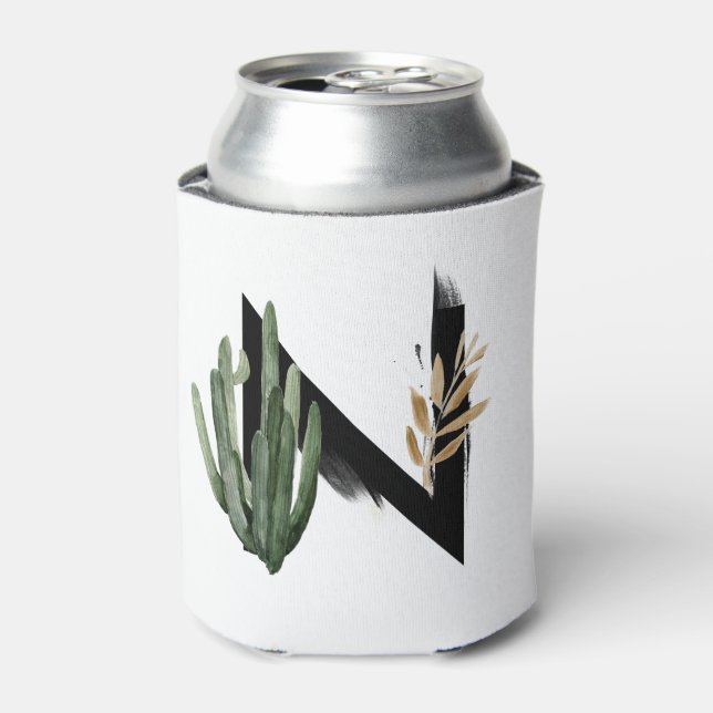 Tropical Leaves Faux Gold Foil Letter N Monogram Can Cooler (Can Front)