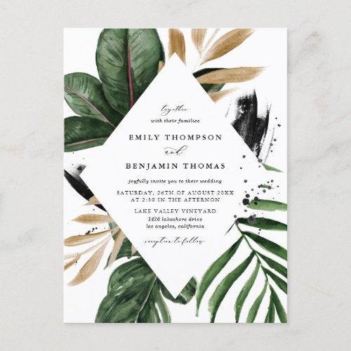 Tropical Leaves Faux Gold Foil Wedding Invitation Postcard