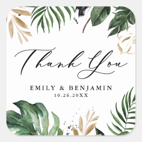 Tropical Leaves Faux Gold Foil Wedding Thank You Square Sticker