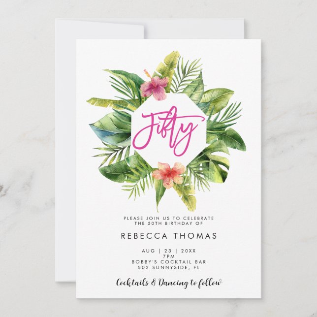 Tropical leaves fifty birthday party invitation (Front)