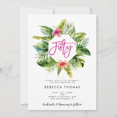 Tropical leaves fifty birthday party invitation