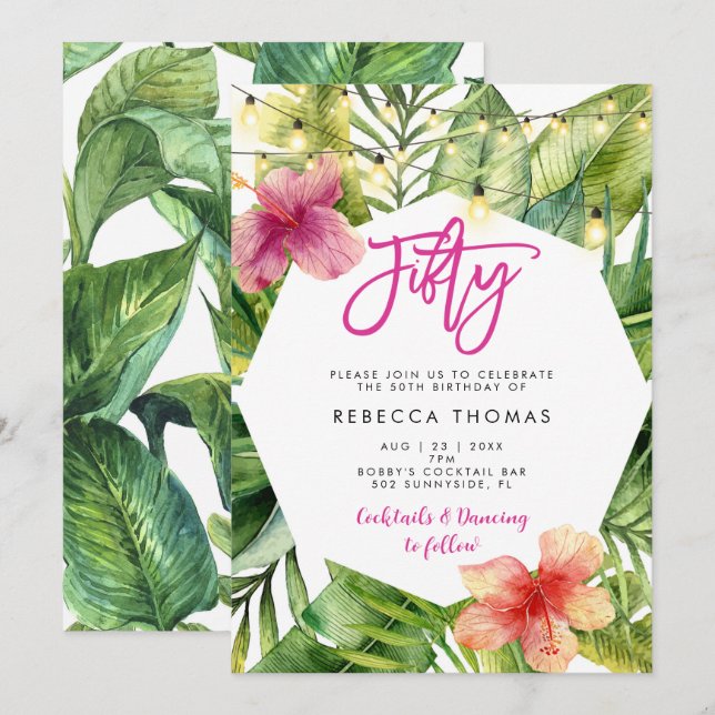 Tropical leaves fifty birthday party invitation (Front/Back)