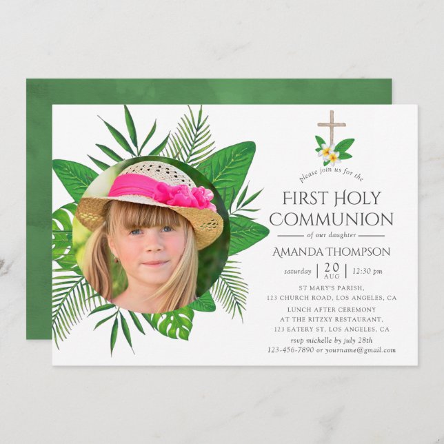 Tropical Leaves First Holy Communion Invitation (Front/Back)