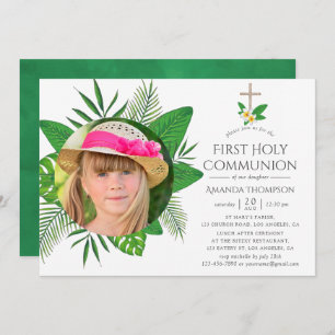 Tropical Leaves First Holy Communion Invitation
