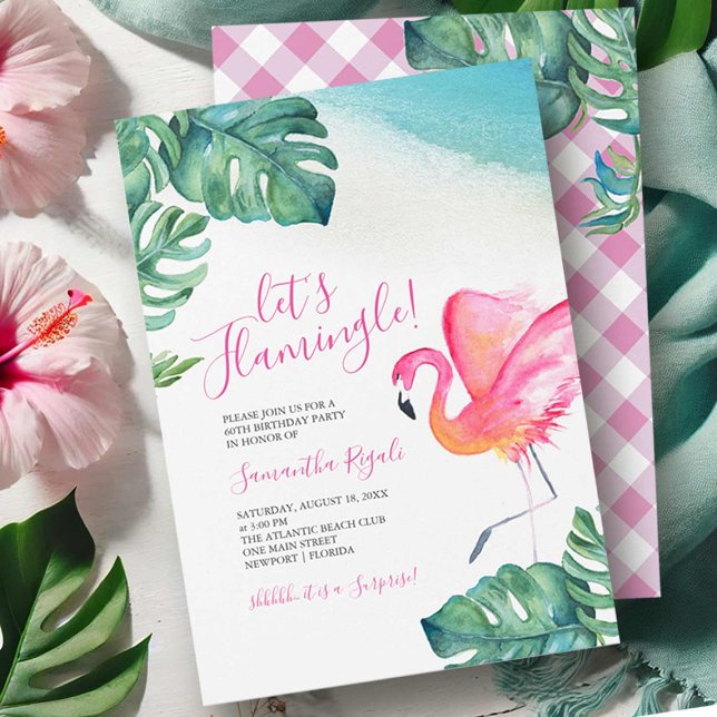 Tropical Leaves Flamingo 60th Birthday Party Invitation (Birthday invitations tropical pink flamingo and gingham by Victoria Grigaliunas of Do Tell A Belle)