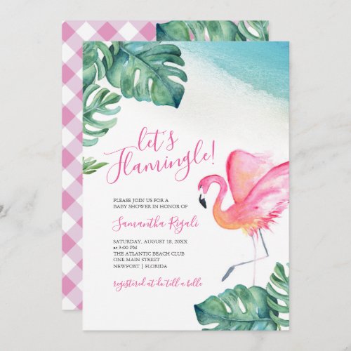 Tropical Leaves Flamingo Baby Shower Invitation