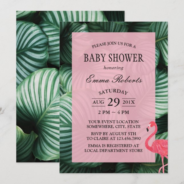 Tropical Leaves Flamingo Baby Shower Invitation (Front/Back)