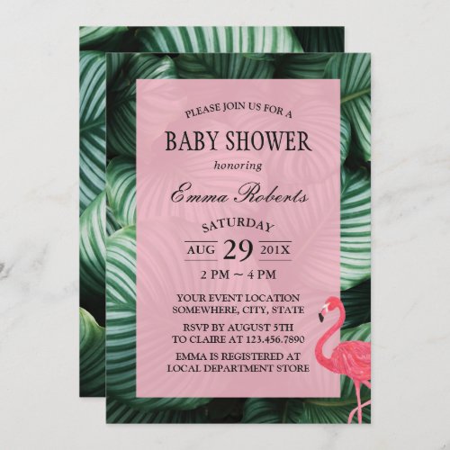 Tropical Leaves Flamingo Baby Shower Invitation