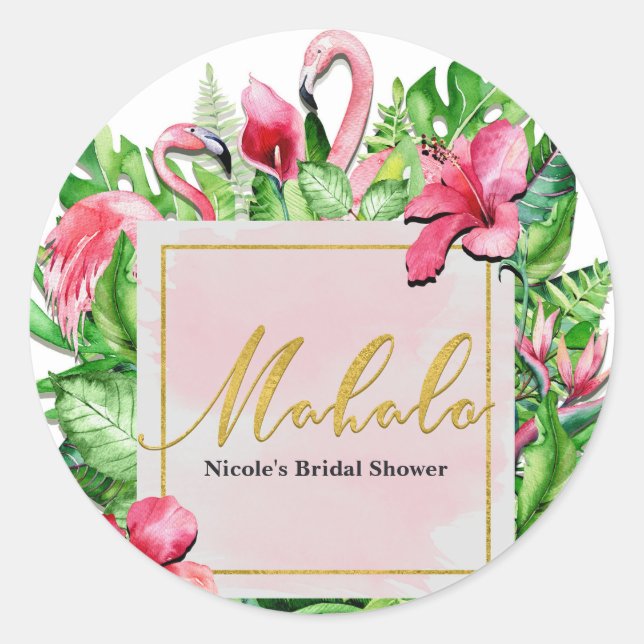 Tropical Leaves Flamingos Mahalo Thank You Party Classic Round Sticker (Front)
