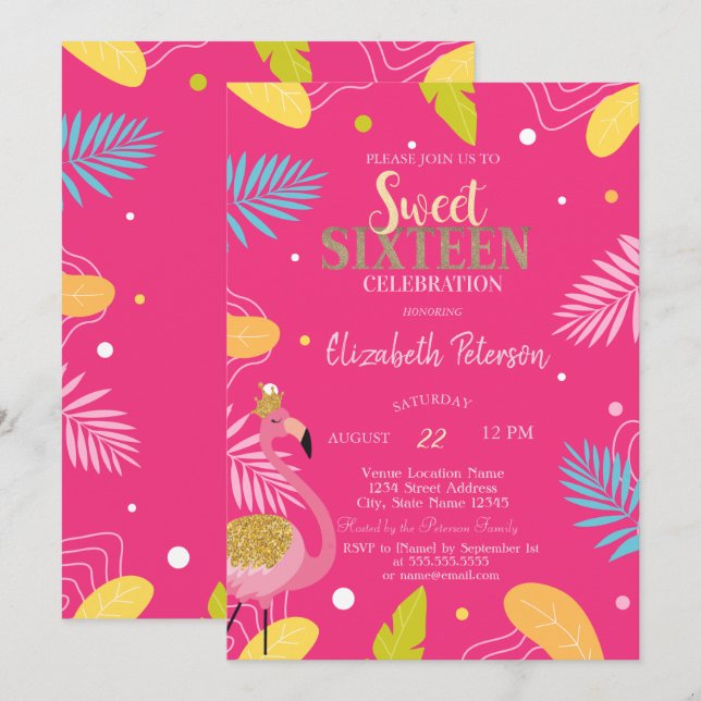 Tropical Leaves Flamingos Pink Sweet 16  Invitation (Front/Back)