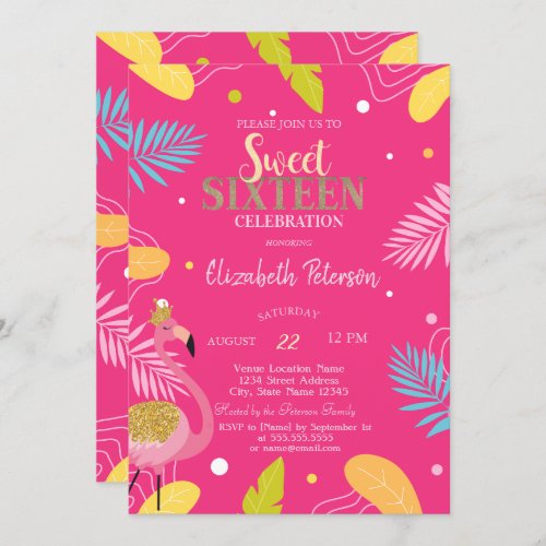 Tropical Leaves Flamingos Pink Sweet 16  Invitation