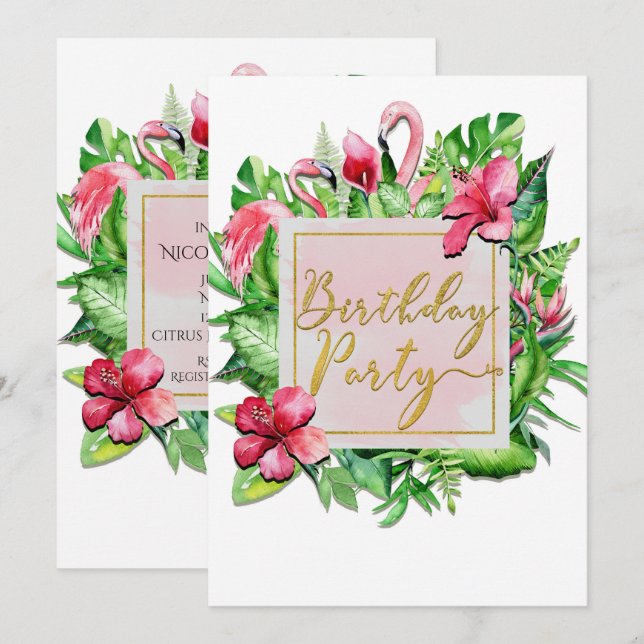 Tropical Leaves Flamingos Summer Birthday Party Invitation (Front/Back)