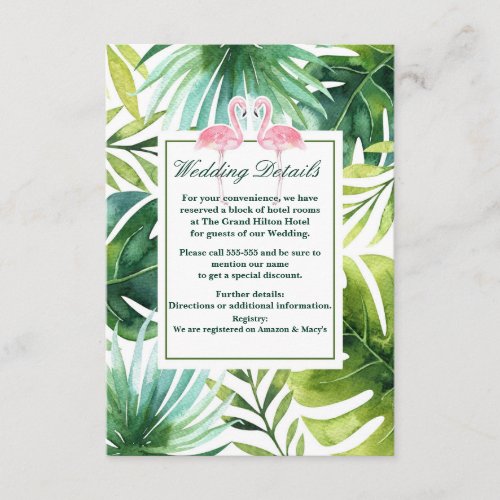 Tropical Leaves  Flamingos Summer Wedding Details Enclosure Card