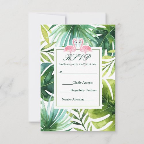 Tropical Leaves  Flamingos Summer Wedding RSVP