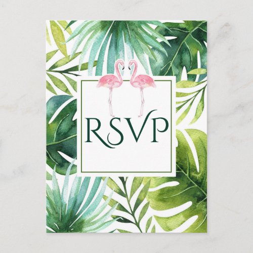Tropical Leaves  Flamingos Summer Wedding RSVP Invitation Postcard