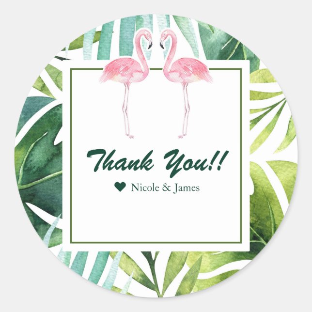 Tropical Leaves & Flamingos Wedding Favor Chic Classic Round Sticker (Front)