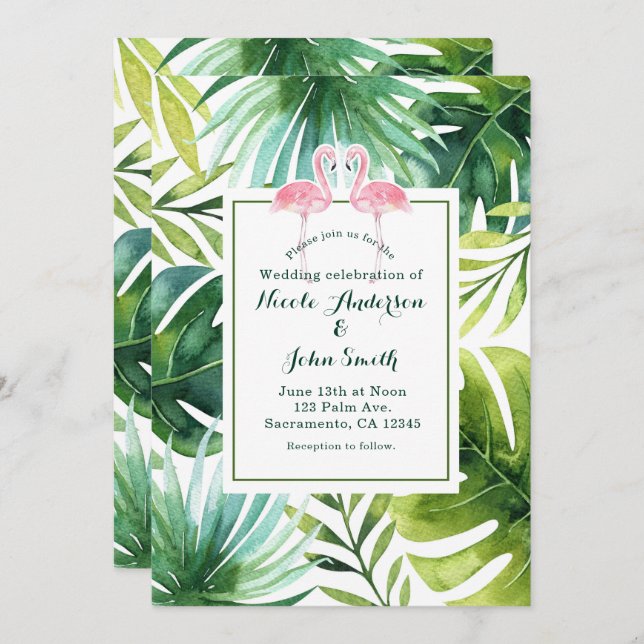 Tropical Leaves & Flamingos Wedding Invitations (Front/Back)