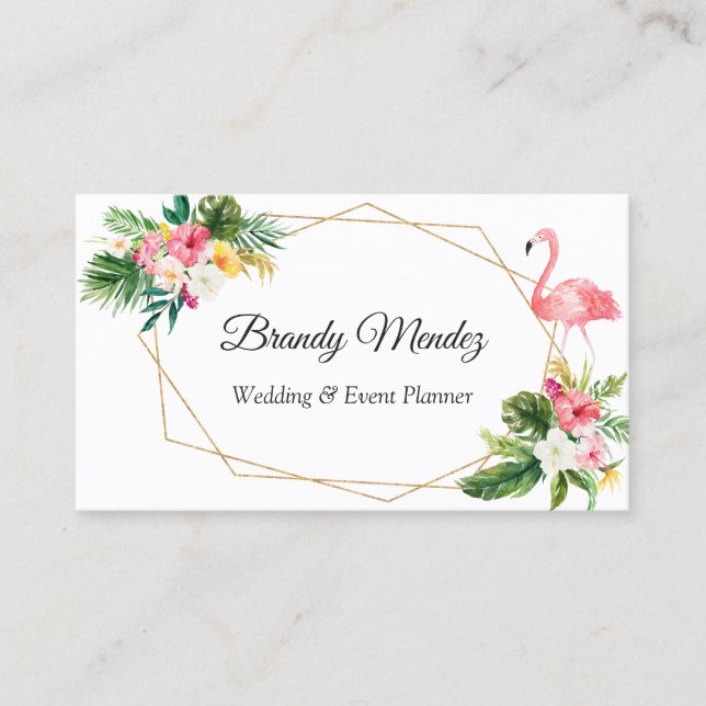 Tropical Leaves Floral Flamingo Geometric Frame Business Card (Front)