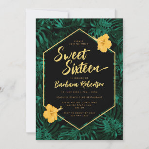 Tropical Leaves Floral Green Gold Sweet Sixteen Invitation