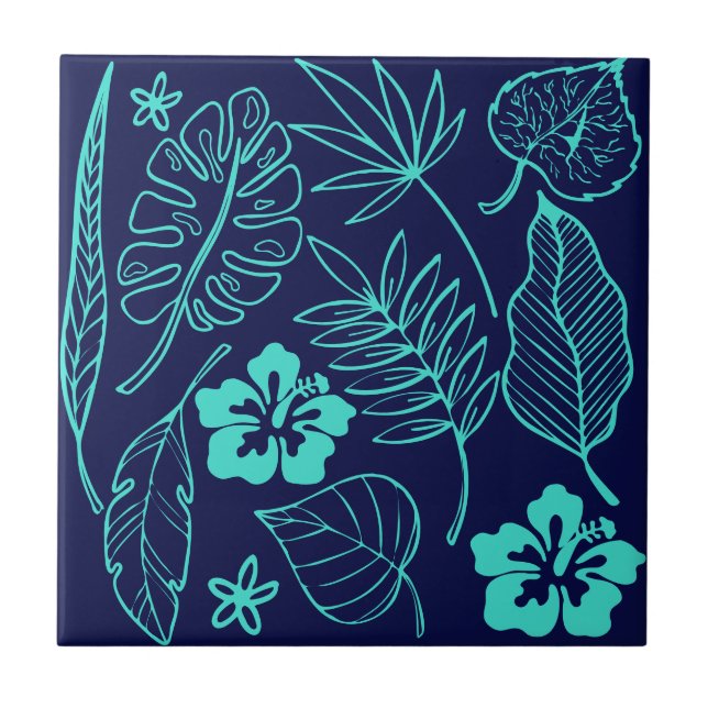 Tropical Leaves Floral Navy Turquoise Ceramic Tile (Front)