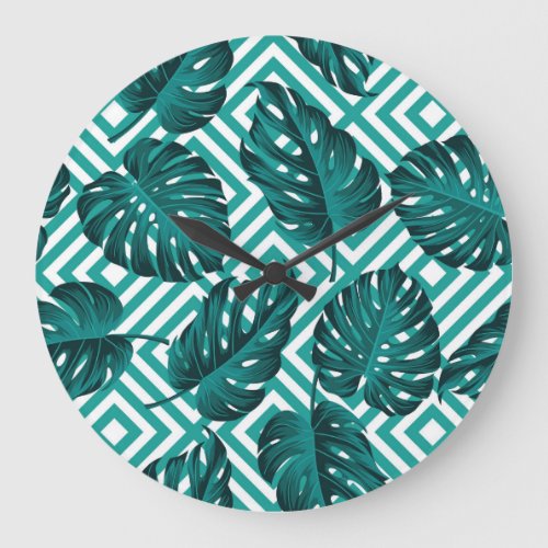 Tropical Leaves Floral Seamless Pattern Large Clock