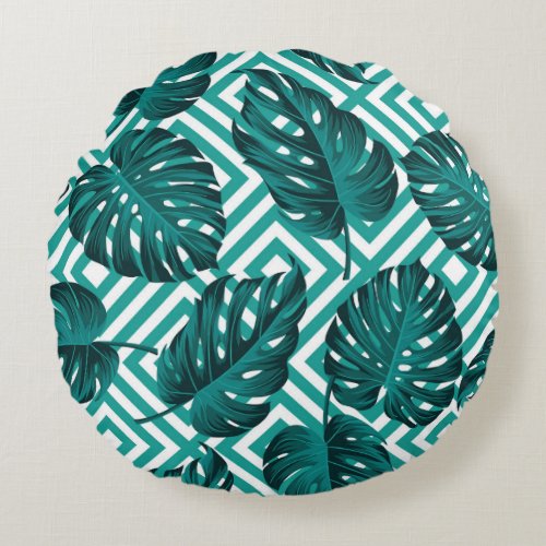 Tropical Leaves Floral Seamless Pattern Round Pillow