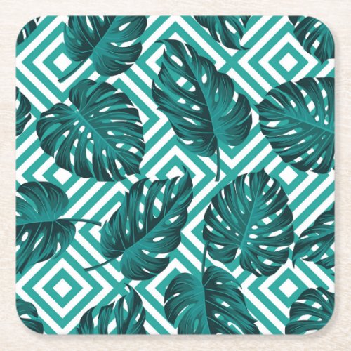 Tropical Leaves Floral Seamless Pattern Square Paper Coaster