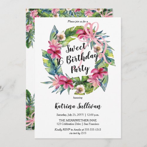 Tropical Leaves  Floral Sweet 16 Birthday Party Invitation