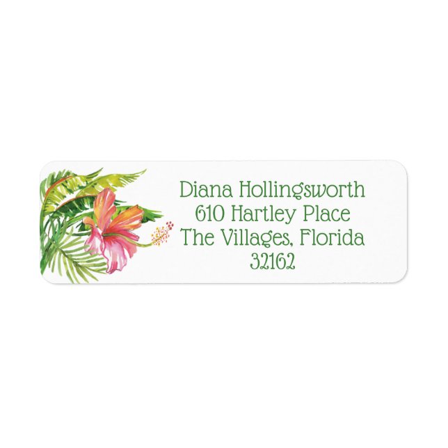 Tropical Leaves Flower Green Return Address Label (Front)