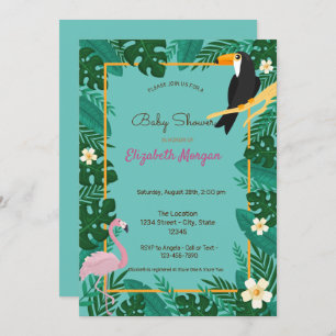 Tropical Leaves,Flowers, Flamingo Baby Shower Invitation