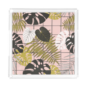 Tropical leaves, flowers, hand-painted pattern. acrylic tray