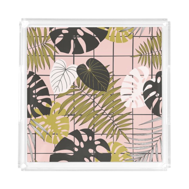 Tropical leaves, flowers, hand-painted pattern. acrylic tray (Front)