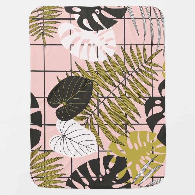 Tropical leaves, flowers, hand-painted pattern. baby blanket (Front)