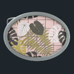 Tropical leaves, flowers, hand-painted pattern. belt buckle<br><div class="desc">Vintage tropical leaves and flowers seamless pattern. Hand painted illustration in yellow, orange and pink colors on a black background. Tropical leaves and flowers on a black background. Exotic and vibrant. Tropical leaves and flowers create a vibrant vintage pattern. flower, background, pattern, abstract, illustration, decor, watercolor, summer, nature, vintage, hand...</div>