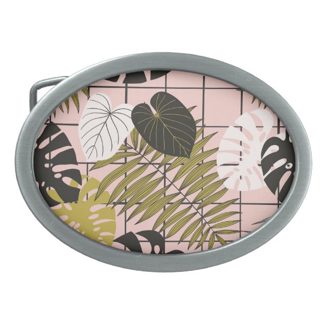 Tropical leaves, flowers, hand-painted pattern. belt buckle (Front)