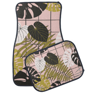 Tropical leaves, flowers, hand-painted pattern. car floor mat