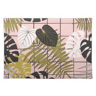 Tropical leaves, flowers, hand-painted pattern. cloth placemat