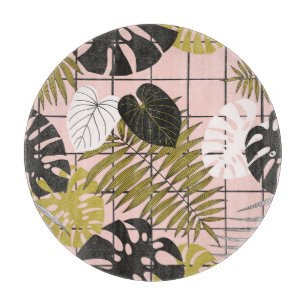 Tropical leaves, flowers, hand-painted pattern. cutting board