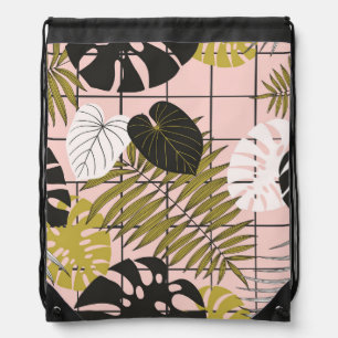 Tropical leaves, flowers, hand-painted pattern. drawstring bag