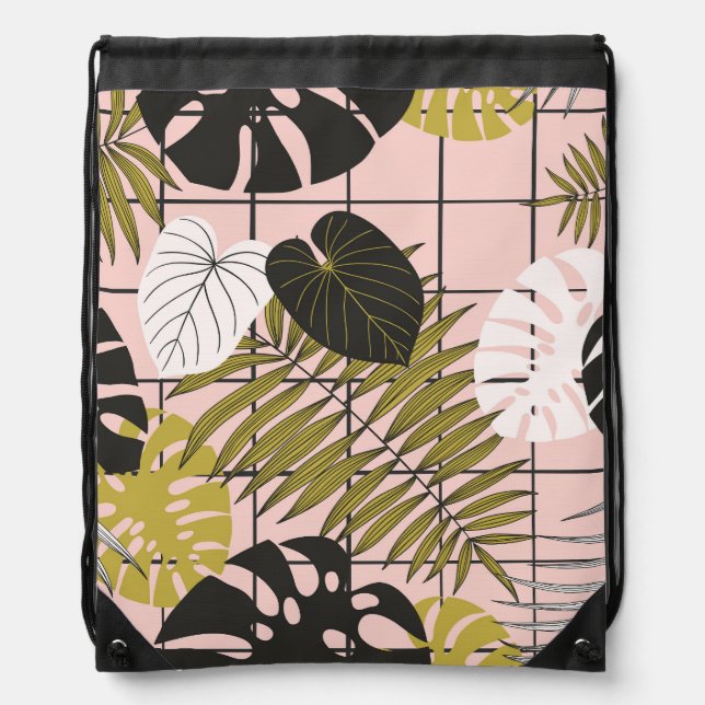 Tropical leaves, flowers, hand-painted pattern. drawstring bag (Front)