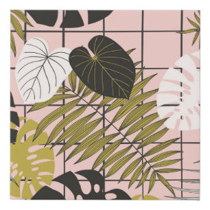 Tropical leaves, flowers, hand-painted pattern. faux canvas print