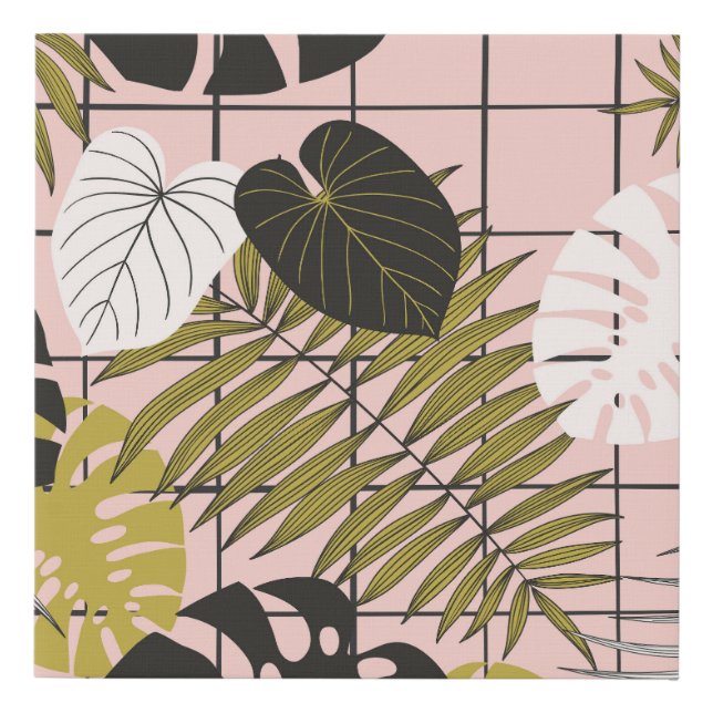 Tropical leaves, flowers, hand-painted pattern. faux canvas print (Front)