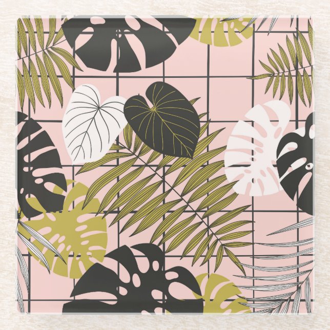 Tropical leaves, flowers, hand-painted pattern. glass coaster (Front)