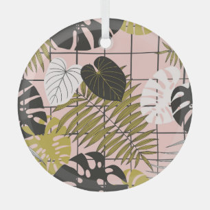 Tropical leaves, flowers, hand-painted pattern. glass ornament