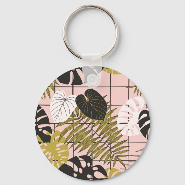 Tropical leaves, flowers, hand-painted pattern. keychain (Front)